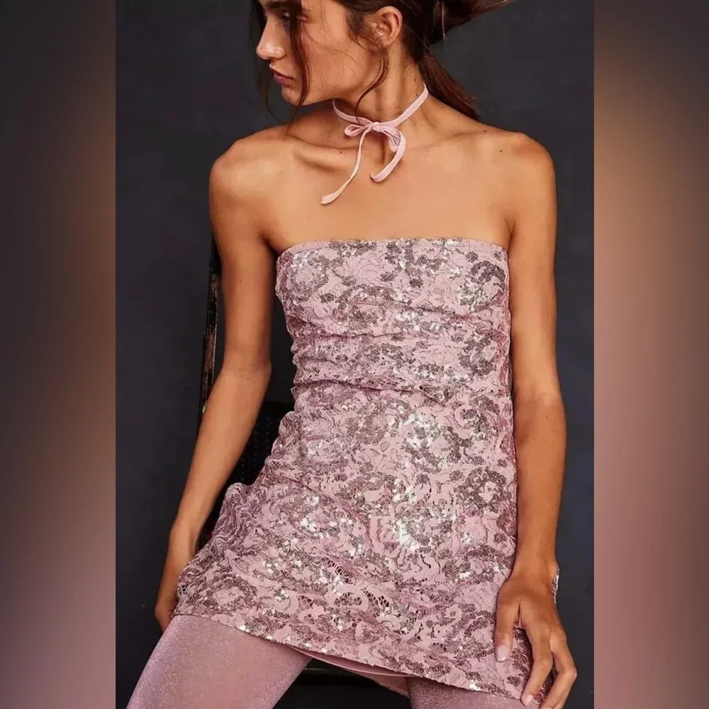 FREE PEOPLE Night Gaze Strapless Sequin Lace Mini Dress Blush Pink XL NWT